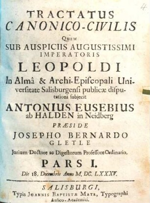 Tractatus Canonico-Civilis, Pars I.
