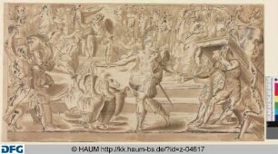 Ein römischer Herrscher auf dem Thron umgeben von seinem Hof, im Vordergrund ein nach links schreitender römischer Krieger