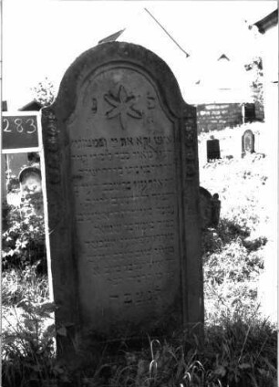 Grabstein 1283 (Index: 100104529) Material: Sandstein Zustand: leicht angewittert Maße HxBxT: 178x75x20 cm Beschreibung: Stele mit Konvexbogenabschluss, Schriftfeld eingetieft, im Bogenfeld Blüte, auf dem Rahmen Scheibenfries, Buchstaben wurden mit schwarzer Farbe nachgezogen, nur noch Reste erhalten Symbolik: Blüte, Scheibenfries: Grabstein 1283