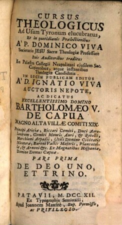 Cursus Theologicus, 1. De Deo Uno, Et Trino