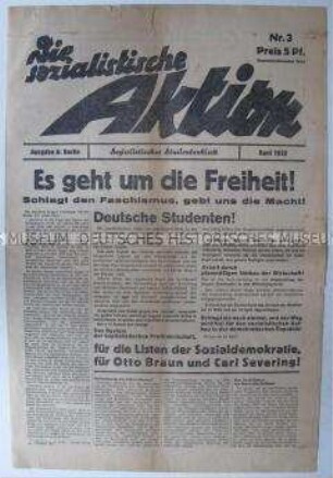 Sozialistische Studentenzeitung "Die sozialistische Aktion" mit einem Bekenntnis zur Sozialdemokratie