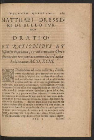 Matthaei Dresseri De Bello Turcico Oratio ... Lipsiae habiata anno M.D.XCIII.