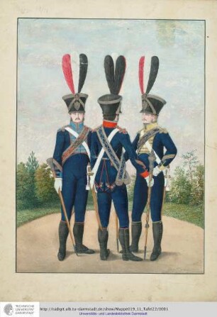 Abbildung Des Gros[s]herzoglich Hessischen Militair. [Tafel 22: Infanterie; Regimentstambours der drei Infanterie-Regimenter Leib-Regiment, Leibgarde-Regiment und Groß- und Erbprinz]. S.l.e.a. [ca. 1813/14]