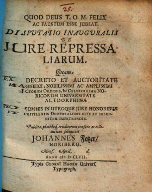 Dispvtatio Inavgvralis De Jure Repressaliarum