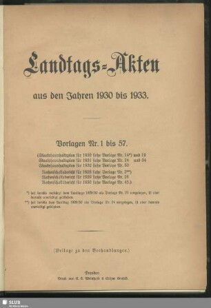 5.1930/33,1/57: Landtags-Akten / Vorlagen