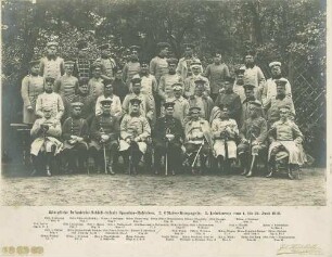 Teilnehmer (ca. fünfunddreissig Personen) am Lehrkurs der Infanterie-Schiessschule Spandau vor belaubtem Gebäude teils stehend, teils sitzend