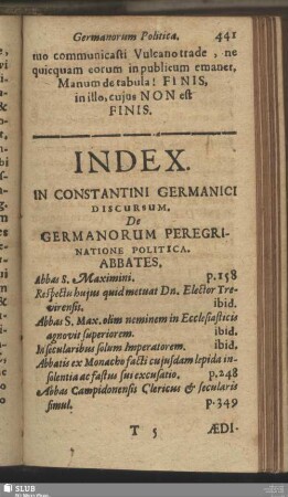 Index. In Constantini Germanici Discursum. De Germanorum Peregrinatione Politica
