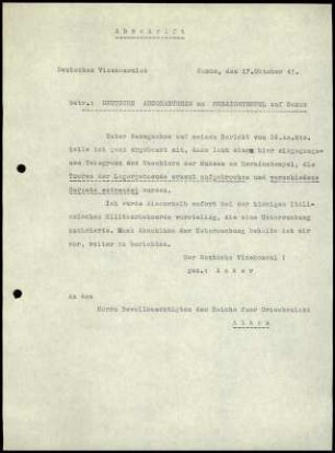 Dt. Vizekonsulat Samos an Bevollmächtigten des Reichs für Griechenland
