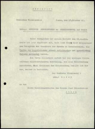 Dt. Vizekonsulat Samos an Bevollmächtigten des Reichs für Griechenland