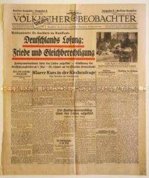 Titelblatt der NS-Tageszeitung "Völkischer Beobachter" zu einer Rundfunkrede von Goebbels und zur Kirchenpolitik