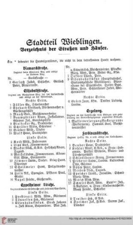 Stadtteil Wieblingen und Grenzhof: Verzeichnis der Straßen und Häuser