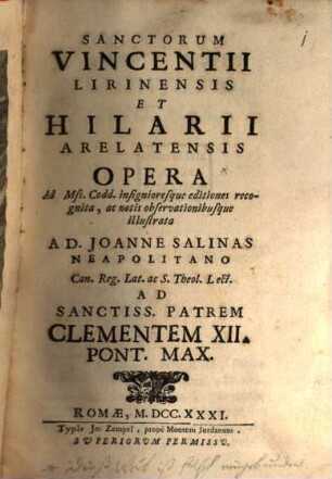 Sanctorum Vincentii Lirinensis et Hilarii Arelatensis opera