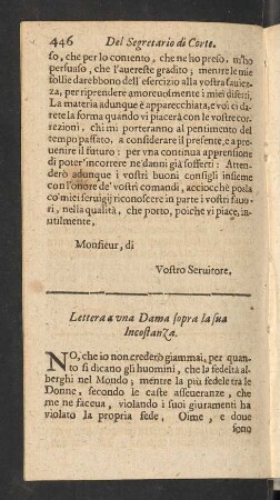 Lettera a una Dama sopra la sua Incostanza.