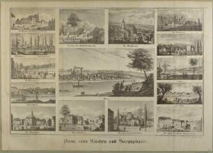 Bilderbogen mit einer großen und 14 kleineren Ansichten von Pirna, aus: Sachsens Kirchen-Galerie von Hermann Schmidt, 1840