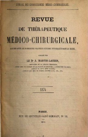 Revue de thérapeutique medico-chirurgicale. 1874 = A. 41