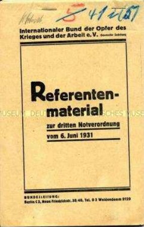 Arbeitsmaterial des Internationalen Bundes der Opfer des Krieges zur 3. Notverordnung