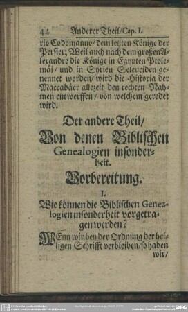 Der andere Theil, Von denen Biblischen Genealogien insonderheit