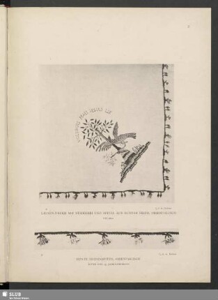 Leinen-Decke mit Stickerei und Spitze aus bunter Seide und bunte Seidenspitze, orientalisch