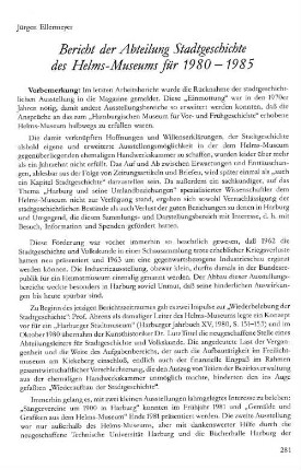 Bericht der Abteilung Stadtgeschichte des Helms-Museums für 1980 - 1985