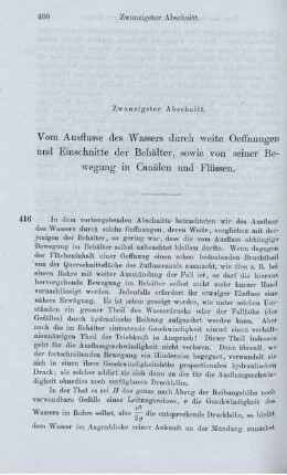 Zwanzigster Abschnitt. Vom Ausflusse des Wassers durch weite Oeffnungen und EInschnitte der Behälter, sowie von seiner Bewegung in Canälen und Flüssen.