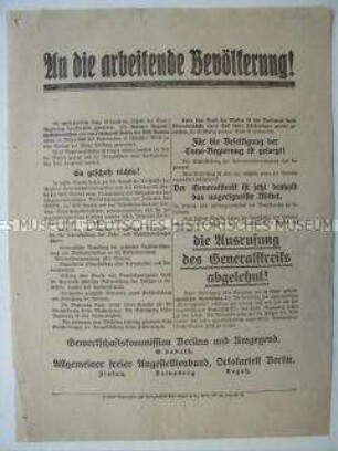 Flugblatt der Gewerkschaftskommission Berlins und des Allgemeinen freien Angstelltenbunds zur Ablehnung des Generalstreiks