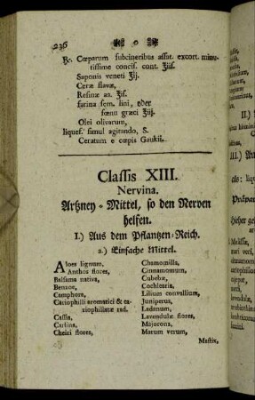 Classis XIII. Nervina. Artzney-Mittel, so den Nerven helfen.