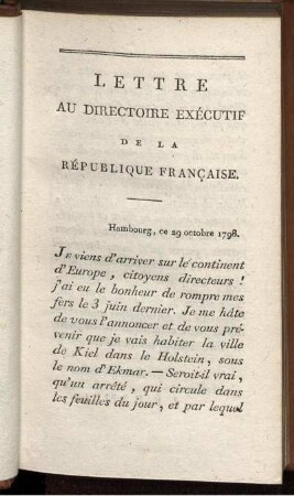 Lettre Au Directiore Exécutif de la République Francaise.