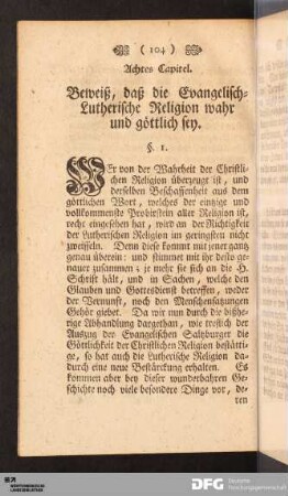 Achtes Capitel. Beweiß, daß die Evangelisch-Lutherische Religion wahr und göttlich sey.