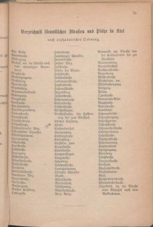Verzeichniß sämmtlicher Straßen und Plätze in Kiel nach alphabetischer Ordnung.