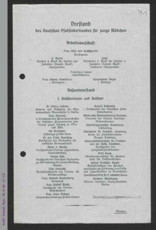Vorstandsliste des Deutschen Pfadfinder-Bundes für junge Mädchen