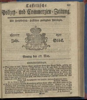 19tes Stueck, Montag den 5ten May 1800
