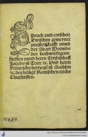 Spruch vnd entscheit Zwischen gemeyner priesterschafft vnnd der Statt Wormbs...