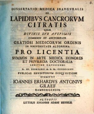 Diss. med. inaug. de lapidibus cancrorum citratis