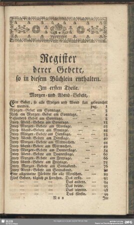 Register derer Gebete, so in diesem Büchlein enthalten