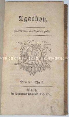 Erstausgabe von Christoph Martin Wielands "Agathon" in der ersten umgearbeiteten Fassung in vier Bänden (Band 3)