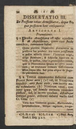 Dissertatio III. De Pressione totius Atmosphaerae, deque iis quae pressionem hanc consequuntur