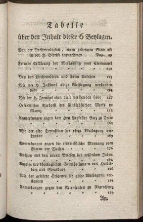 Tabelle über den Inhalt dieser 6 Beylagen