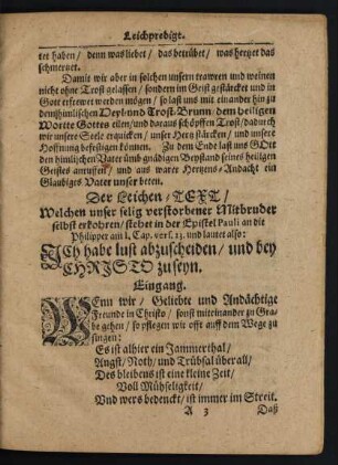 Der Leichen-Text/ [...] stehet in der Epistel Pauli an die Philipper am 1. Cap. vers. 23. und lautet also: