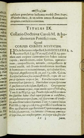 Titulus IX. Collatio Doctrinæ Caroli M. & hodiernorum Pontificiorum. Quoad Corpus Christi Mysticum.