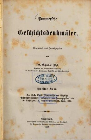 Pommersche Geschichtsdenkmäler : Vereinsschrift der Rügisch-Pommerschen Abtheilung der Gesellschaft für Pommersche Geschichte und Alterthumskunde. 2