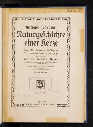 Naturgeschichte einer Kerze : sechs Vorlesungen für die Jugend : mit einem Lebensabriß Faradays