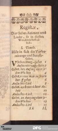 Register, Der Gebet, Reimen und Lieder, so in diesem Wercklein befindlich