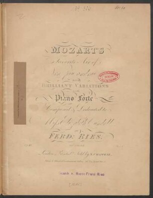 Mozart's Favorite Air of Non piu andrai with Brilliant Variations for the Piano Forte : Op. 51.