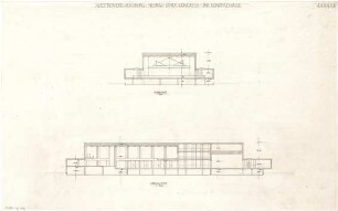 Gsaenger, Gustav; Augsburg (Bayern); Kongress- und Konzerthalle, Neubau - Querschnitt, Längsschnitt