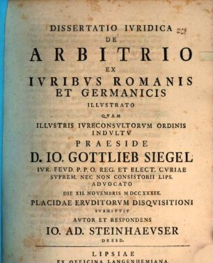 Dissertatio juridica de arbitrio ex ivribus romanis et germanicis illvstrato