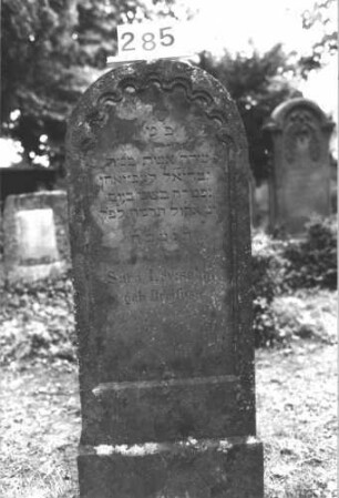 Grabstein 285 (Index: 100082299) Material: Sandstein Zustand: verwittert mit Textverlust Maße HxBxT: 142x50x23 cm Beschreibung: Stele, Sockel, Rundbogenabschluß, Schriftfeld eingetieft mit Rundbogenfries Symbolik: Rundbogenfries: Grabstein 285