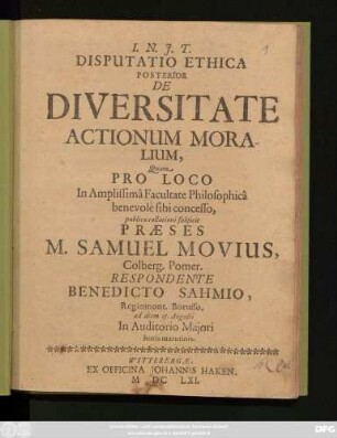 Disputatio Ethica Posterior De Diversitate Actionum Moralium