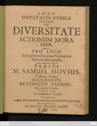 Disputatio Ethica Posterior De Diversitate Actionum Moralium