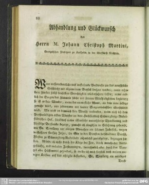 Abhandlung und Glückwunsch des Herrn M. Johann Christoph Martini, Evangelischen Predigers zu Kerkhofen in der Grafschaft Wolfstein