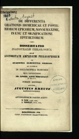 De differentia orationis Homericae et posteriorum epicorum, Nonni maxime, in usu et significatione epithetorum